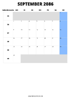 Kalender September 2086 Kalender September 2086 im Hochformat