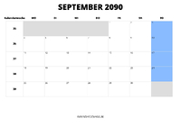 Kalender September 2090 Kalender September 2090 im Querformat
